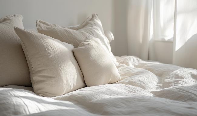 a bed with white pillows