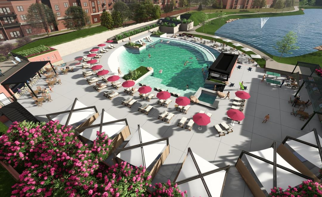 aerial rendering of swimming pool area next to pond