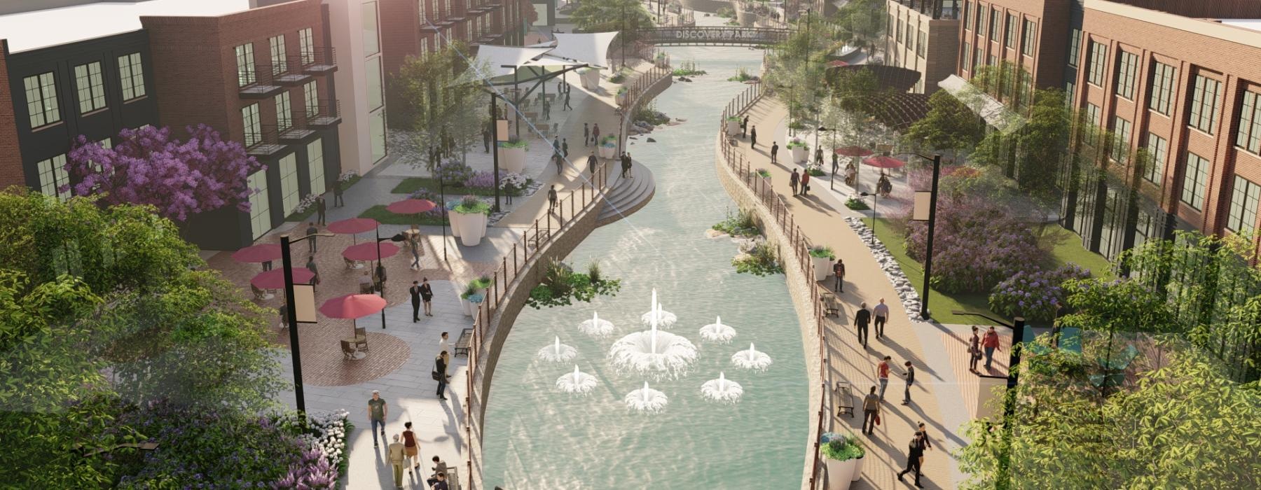 a courtyard with a fountain and buildings around it